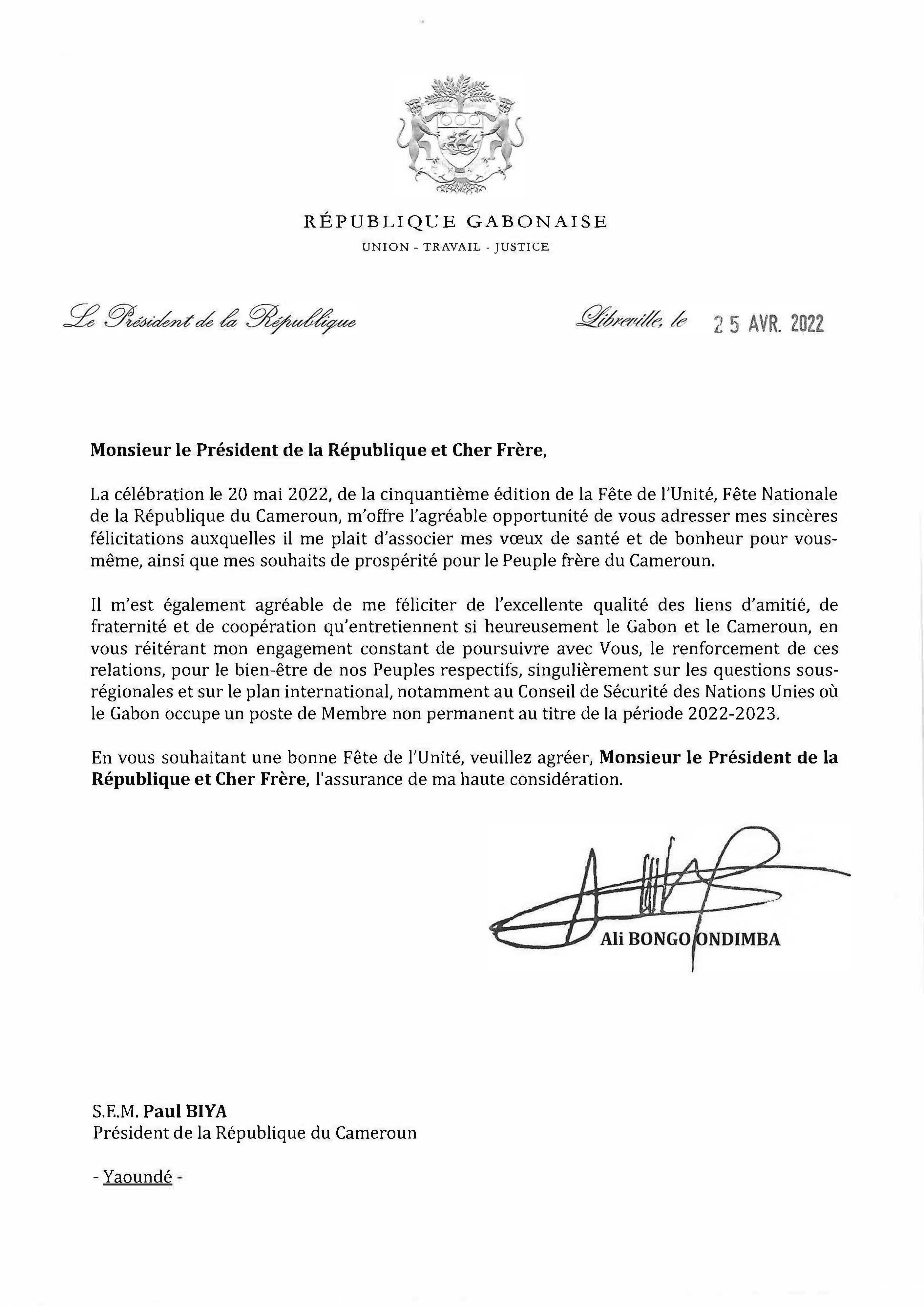 Message de félicitations de S E Ali Bongo Ondimba Président de la